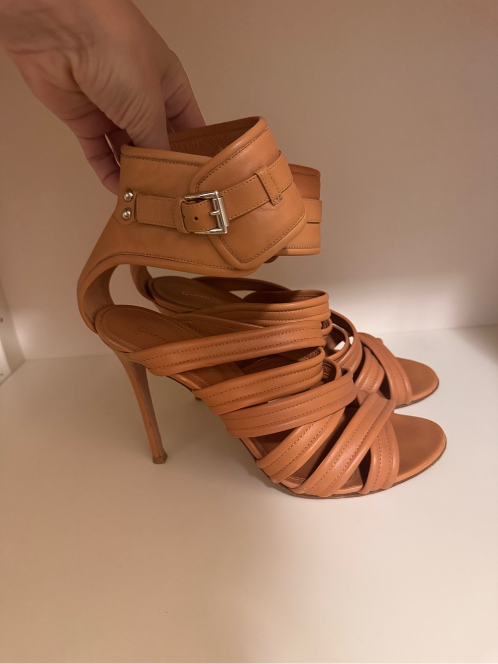 Sergio Rossi Nude Strappy High-Heel Sandals with Ankle Buckle